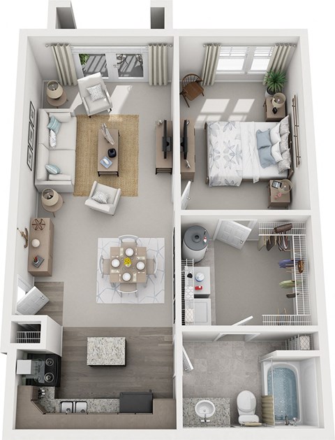 Floor plan for 1 bed, 1 bath, 756 sqft